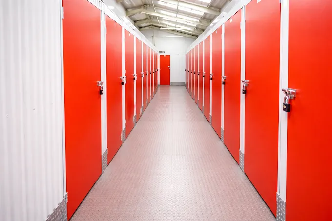 Red storage units at a Chorlton facility